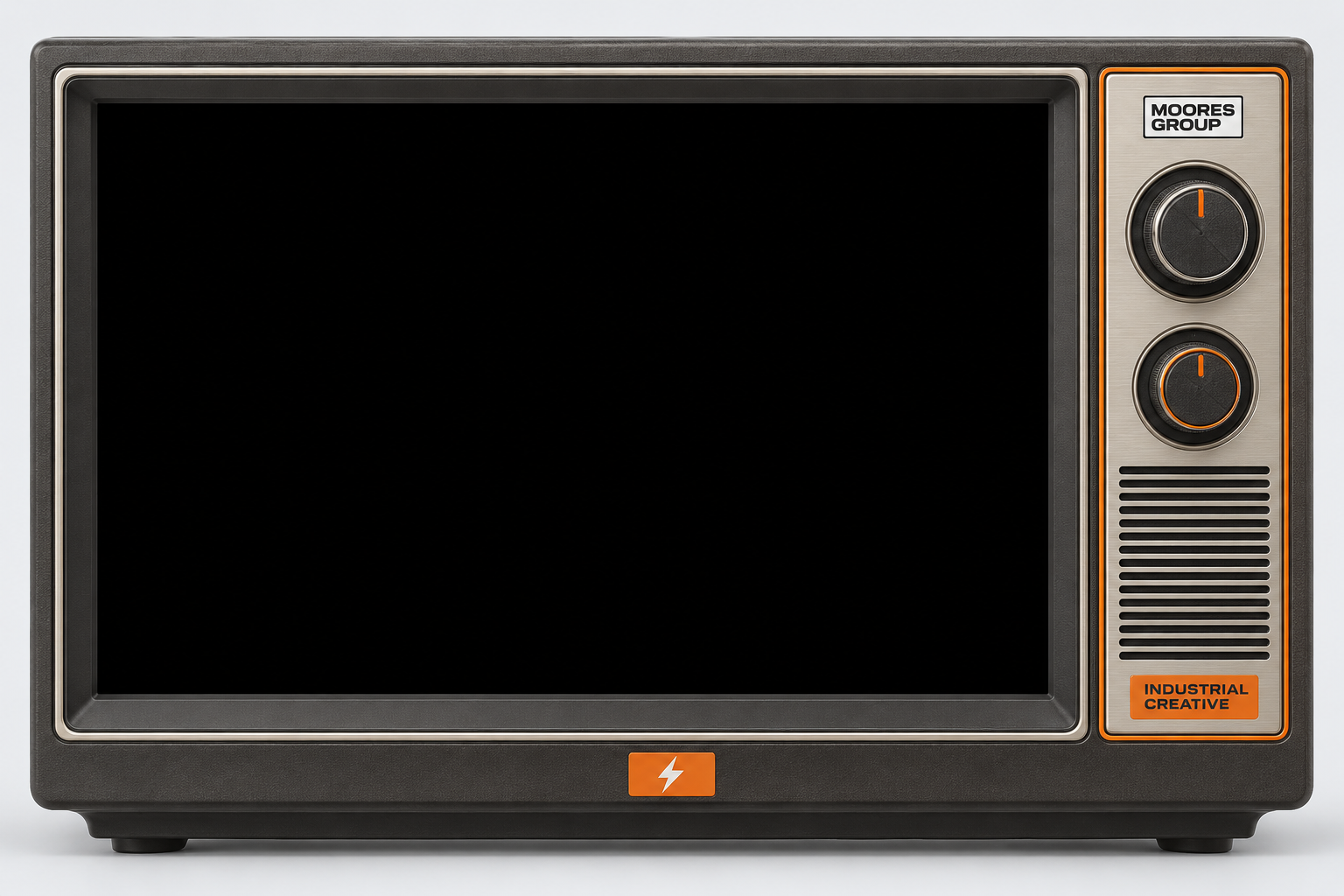 Vintage Moores Group television with orange branded stickers